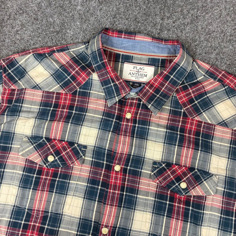 Flag & Anthem Mens XXL Plaid Western Short Sleeve Button Down Shirt Red Blue